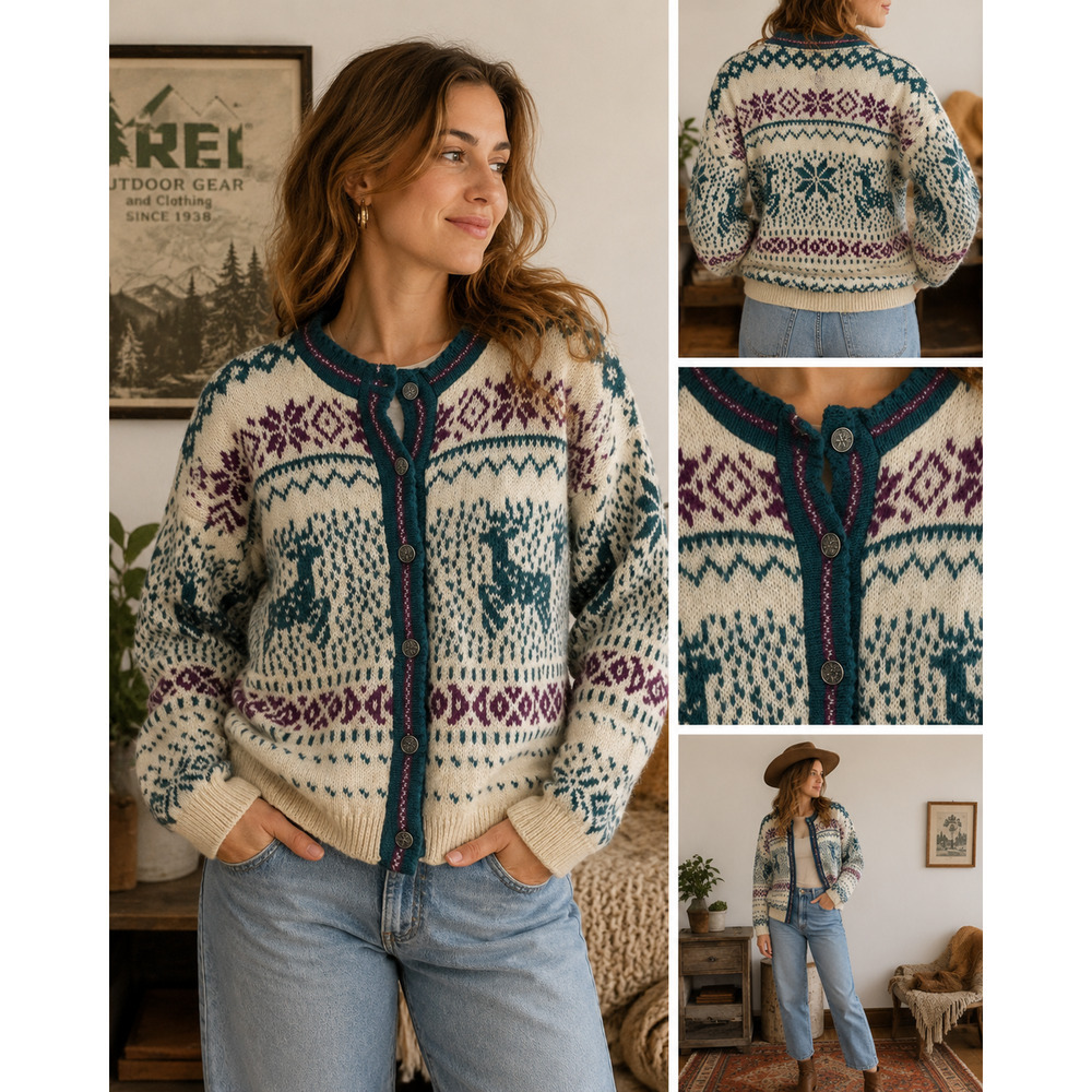 Vintage REI Nordic Wool Cardigan Sweater Womens M Deer Snowflake Fair Isle